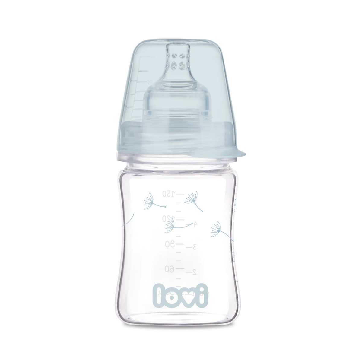 Butelka LOVI DIAMOND GLASS 150 ml ze smoczkiem i zatyczką, odporna na zarysowania, idealna od pierwszych dni życia dziecka