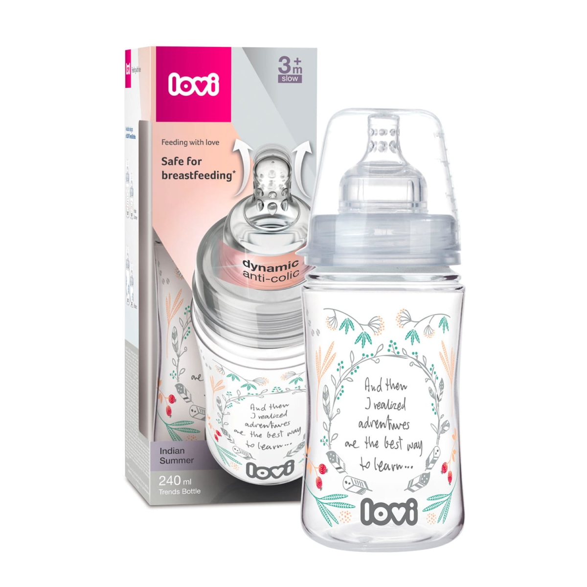 Butelka LOVI Indian Summer 240 ml z dynamicznym smoczkiem, widoczna wraz z opakowaniem w pastelowych barwach