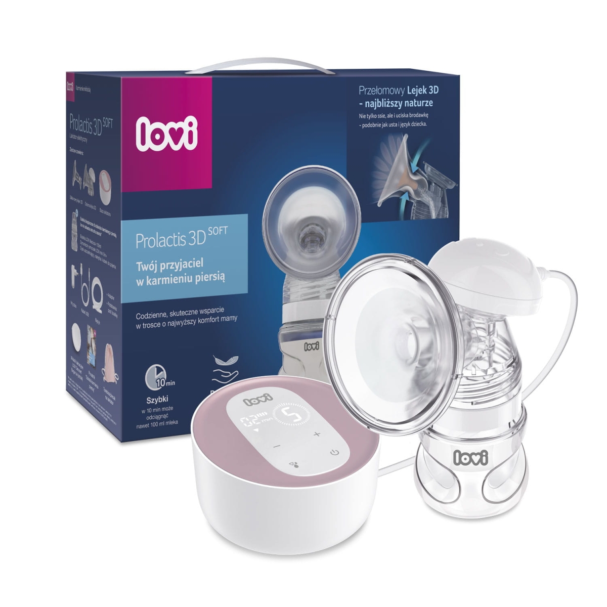 Zestaw LOVI Prolactis 3D Soft z pudełkiem, laktatorem i elementami w technologii 3D do naturalnego odciągania mleka