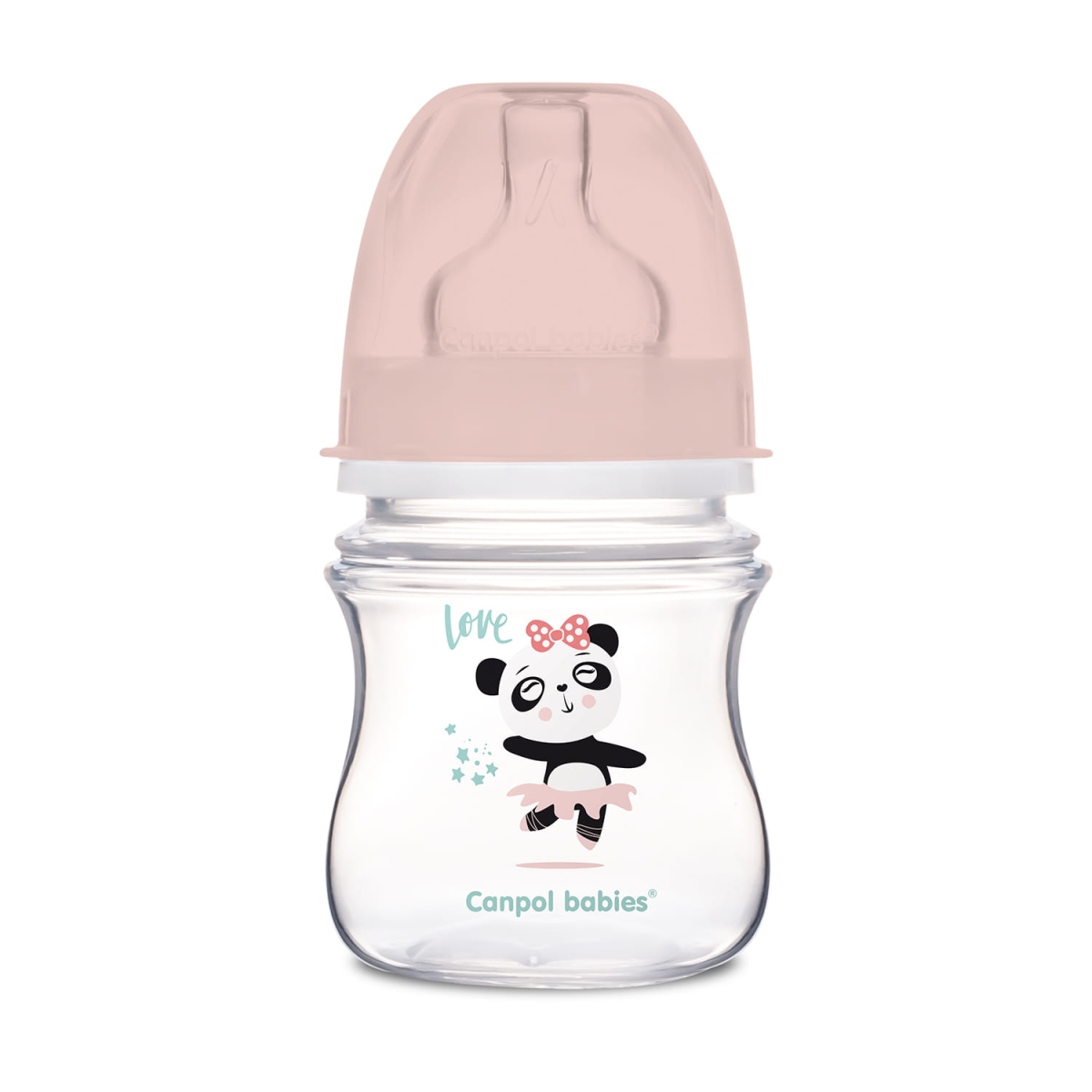 Butelka Canpol babies z uroczym motywem pandy i różową nakrętką. Smoczek silikonowy 0m+ ułatwia karmienie i wspomaga naturalny rozwój dziecka.