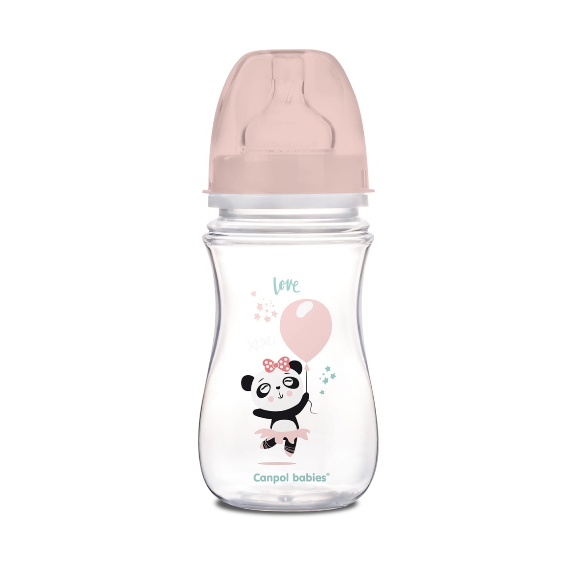 Butelka Canpol babies EasyStart antykolkowa 240 ml z uroczym wzorem „panda” i różową nakrętką. Bez BPA, zaworek antykolkowy zapobiega kolkom i wzdęciom.
