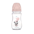 Butelka Canpol babies EasyStart antykolkowa 240 ml z uroczym wzorem „panda” i różową nakrętką. Bez BPA, zaworek antykolkowy zapobiega kolkom i wzdęciom.
