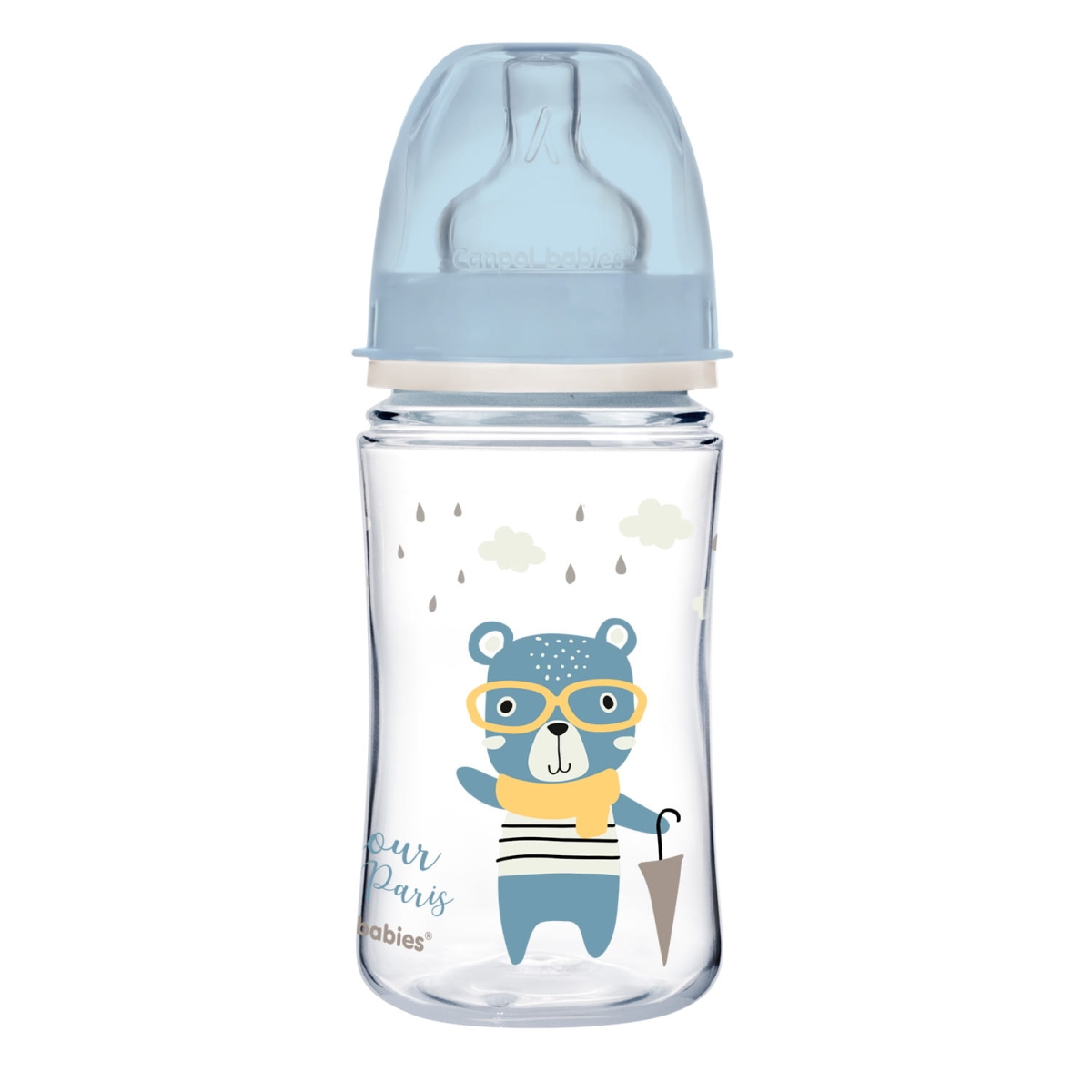 Butelka EasyStart Bonjour Paris z przezroczystym smoczkiem i niebieską pokrywką, motywem misia z parasolem, pojemność 240 ml.