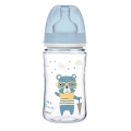 Butelka EasyStart Bonjour Paris z przezroczystym smoczkiem i niebieską pokrywką, motywem misia z parasolem, pojemność 240 ml.