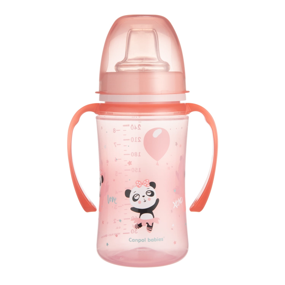 Różowy kubek treningowy Canpol babies EasyStart 240 ml z uchwytami i silikonowym ustnikiem, z nadrukiem pandy trzymającej balonik.