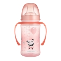 Różowy kubek treningowy Canpol babies EasyStart 240 ml z uchwytami i silikonowym ustnikiem, z nadrukiem pandy trzymającej balonik.
