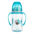 Przezroczysty kubek treningowy Canpol babies EasyStart 240 ml w kolorze niebieskim z dwoma uchwytami i silikonowym ustnikiem, z nadrukiem leniwca.