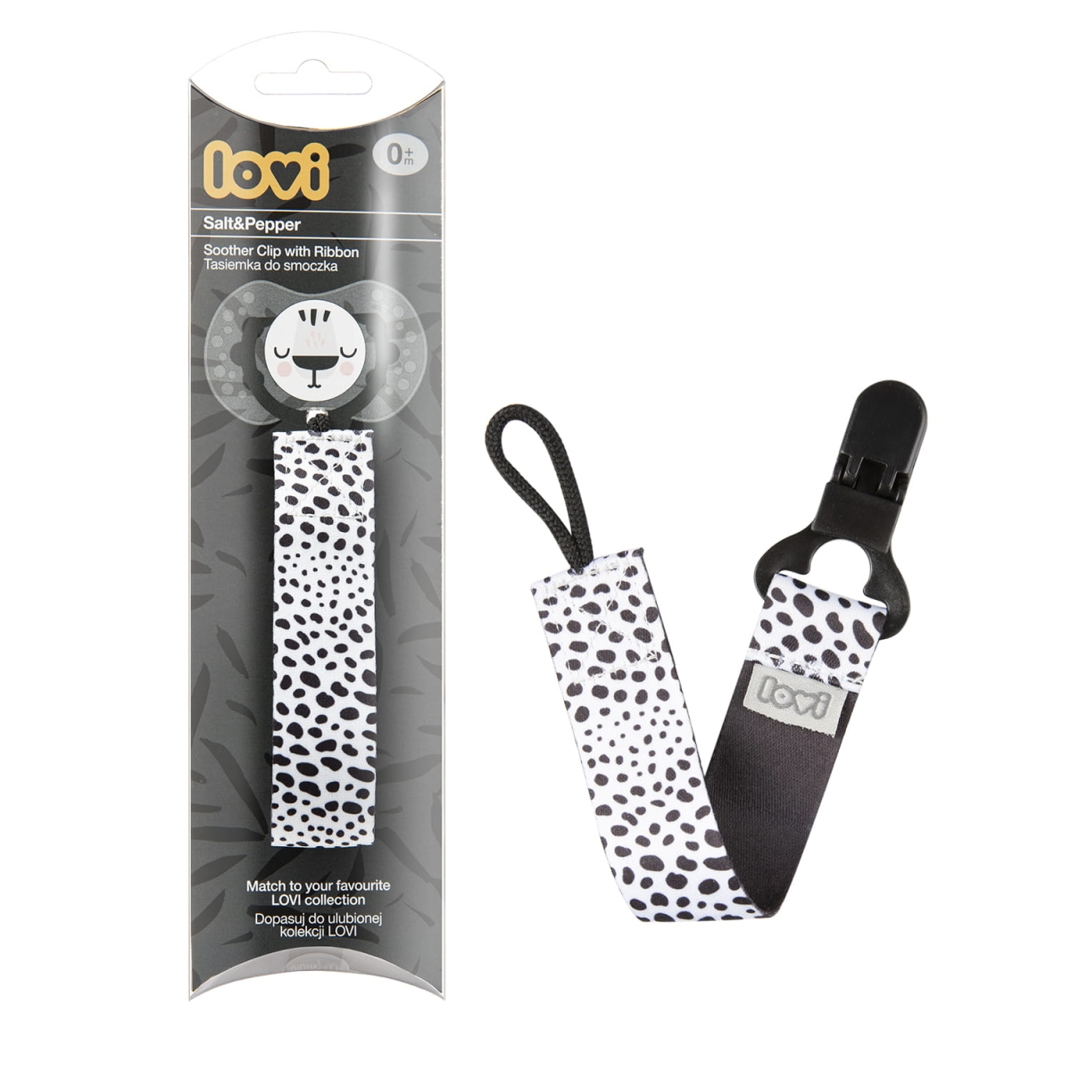 Opakowanie tasiemki do smoczka LOVI Salt & Pepper – produkt w eleganckim czarno-białym wzorze, przedstawiony wraz z klipsem i smoczkiem z motywem zwierzątka