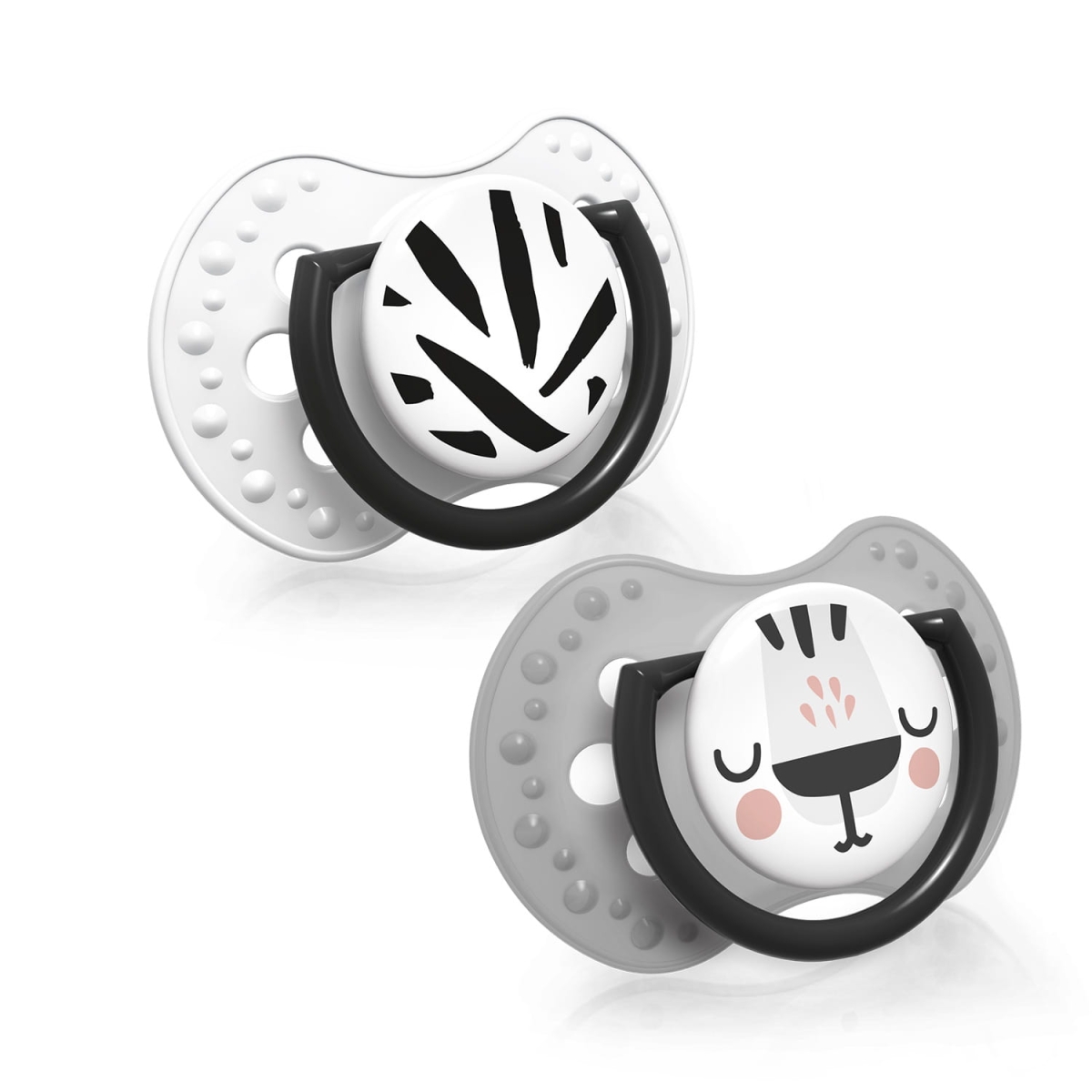 Dwa smoczki LOVI Salt&Pepper – czarno-białe wzory, silikonowe, dynamiczne, dla niemowląt 0–3 m
