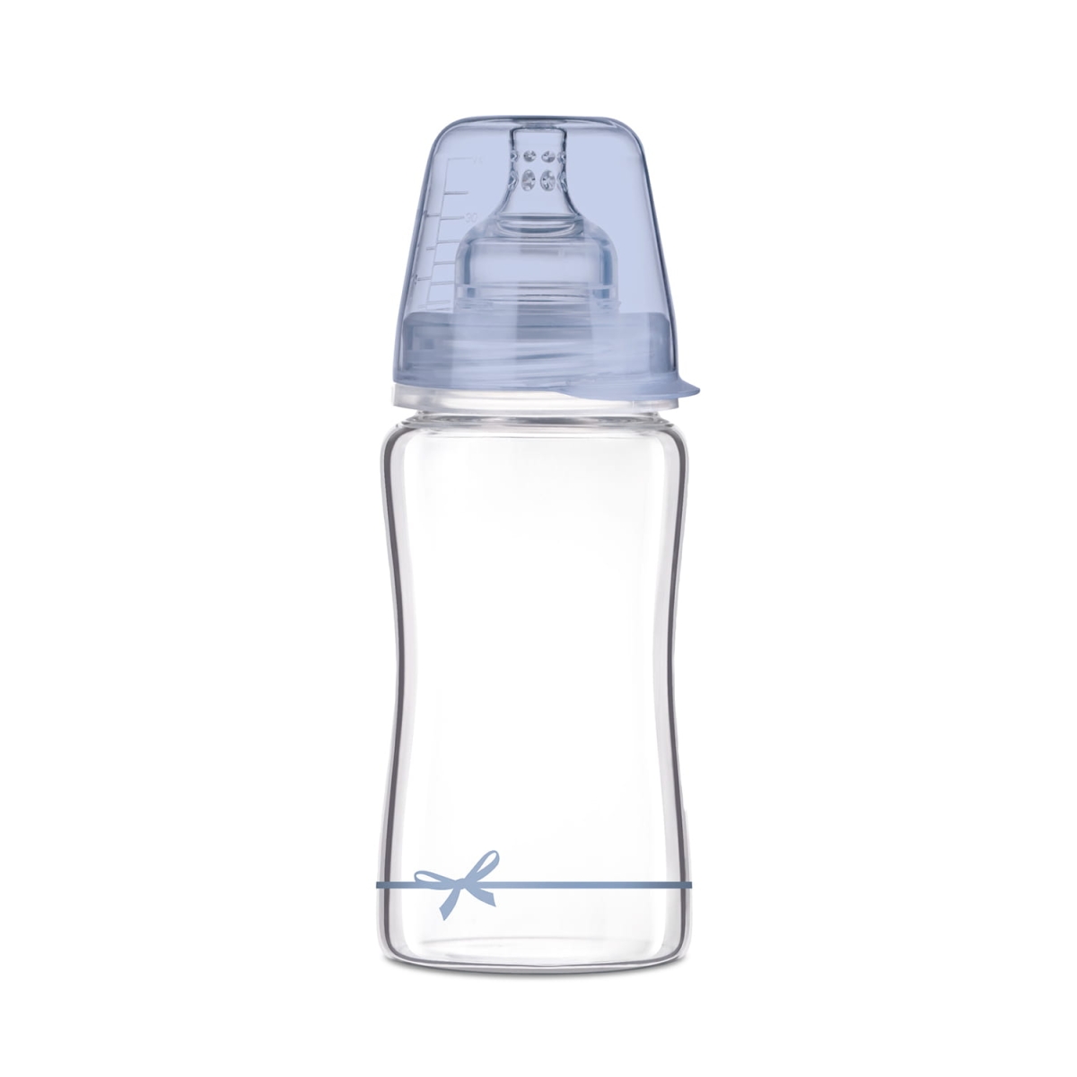 Szklana butelka LOVI diamond  glass baby shower 250 ml z niebieską nakrętką i dynamicznym smoczkiem