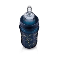 Elegancka butelka do karmienia LOVI Stardust 240 ml w odcieniu granatu ze złotym wzorem, wyposażona w przezroczysty smoczek dynamiczny stworzony do pracy mięśni jamy ustnej