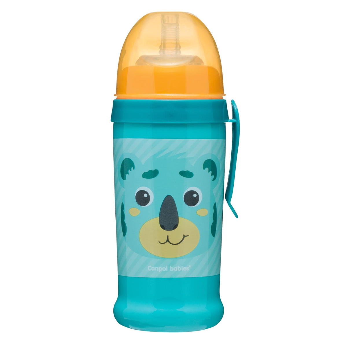 Turkusowy bidon niekapek Canpol babies 350 ml z rurką i motywem misia  oraz żółtym wieczkiem – bezpieczny bidon dla dzieci wykonany z tworzywa bez BPA.