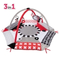 Kontrastowa mata edukacyjna Canpol babies SENSORY TOYS 3w1 z pałąkami i zawieszkami w czarno-białych i czerwonych kolorach.