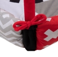 Zbliżenie na róg maty Canpol babies SENSORY TOYS z czerwonym troczkiem i wzorem w szare zygzaki.