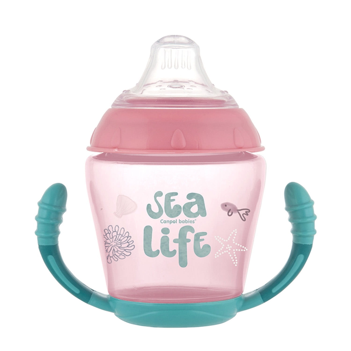 Kubek niekapek Canpol babies 56/501 SEA LIFE w kolorze różowym z motywem morskiego życia. Silikonowy ustnik jest delikatny dla dziąseł i gwarantuje wygodę podczas picia.