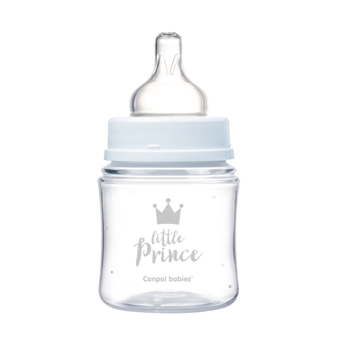Niebieska butelka do karmienia Canpol babies Little Prince 120 ml z silikonowym smoczkiem i nadrukiem korony, odpowiednia dla niemowląt.