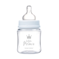 Niebieska butelka do karmienia Canpol babies Little Prince 120 ml z silikonowym smoczkiem i nadrukiem korony, odpowiednia dla niemowląt.