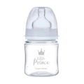 Butelka Canpol babies Little Prince 120 ml z niebieską nakrętką i przezroczystą osłonką na smoczek, zdobiona motywem korony dla chłopca.