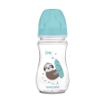 Butelka Canpol babies EasyStart 240 ml z silikonowym smoczkiem, zieloną nakrętką i wzorem „leniwiec”. Szeroka szyjka, łatwa do mycia, bez BPA.