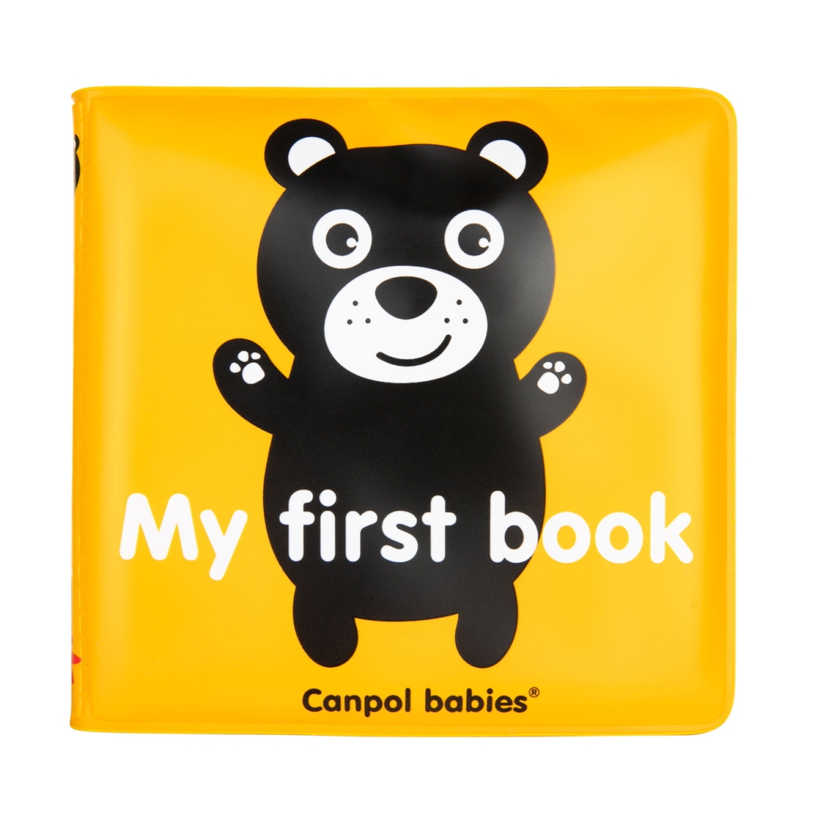 Okładka miękkiej książeczki Canpol babies „My first book” z uroczym misiem przyciąga uwagę dziecka i zachęca do nauki przez zabawę.