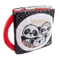 Książeczka sensoryczna Canpol babies PANDA – miękka, czarno-biała okładka z wizerunkiem pand i czerwonym uchwytem.