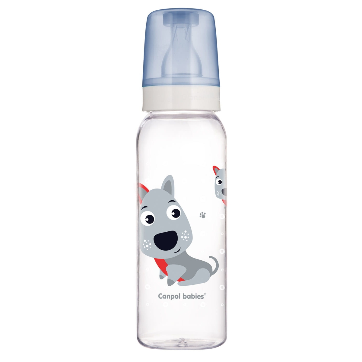 Butelka niemowlęca Canpol babies 250 ml z uroczym nadrukiem szarego pieska w czerwonej chustce i niebieską nakrętką, lekka i ergonomiczna.