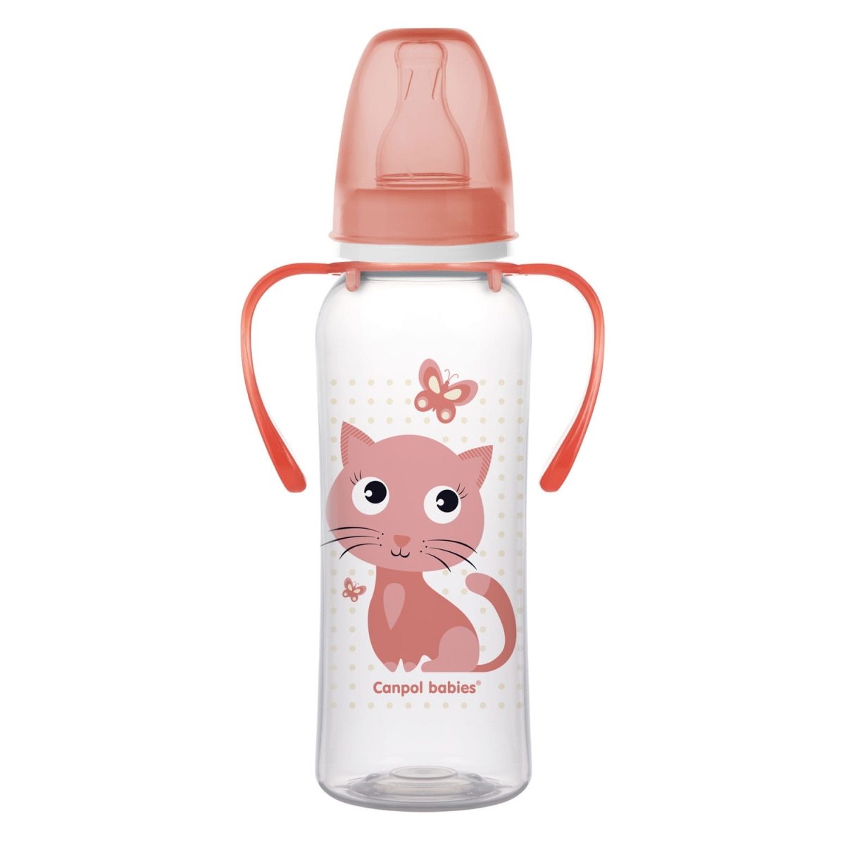 Butelka dla niemowląt Canpol babies 250 ml z różowym kotkiem i uchwytem, przeznaczona dla dzieci 12m+.