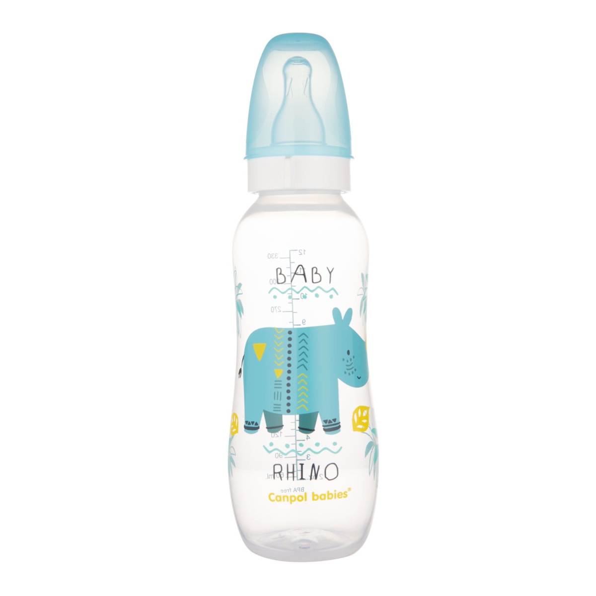 Butelka dla niemowląt Canpol babies 330 ml AFRICA z niebieskim kapturkiem i motywem nosorożca, lekka i ergonomiczna.