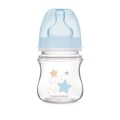 Butelka Canpol Babies 120ml z smoczkiem 0m+ i niebieską zatyczką, wykonana z materiałów wolnych od BPA, ułatwiająca karmienie piersią i butelką. Nadruk gwiazdek w delikatnych kolorach.