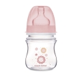 Butelka Canpol Babies 120ml z smoczkiem 0m+ i różową zatyczką, wykonana z polipropylenu wolnego od BPA, idealna do karmienia niemowląt. Nadruk kwiatów w pastelowych kolorach.