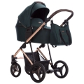 Bebetto Flavio Premium Class Stella – butelkowo-zielony wózek 2w1 z gondolą, osłona przeciwsłoneczna, elegancki stelaż rose gold