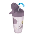 Kubek LOVI Freestyle 350 ml Lovely z miękką słomką i pokrywką Click&Go. Strzałka wskazuje sposób otwierania i zamykania ustnika dla dziecka