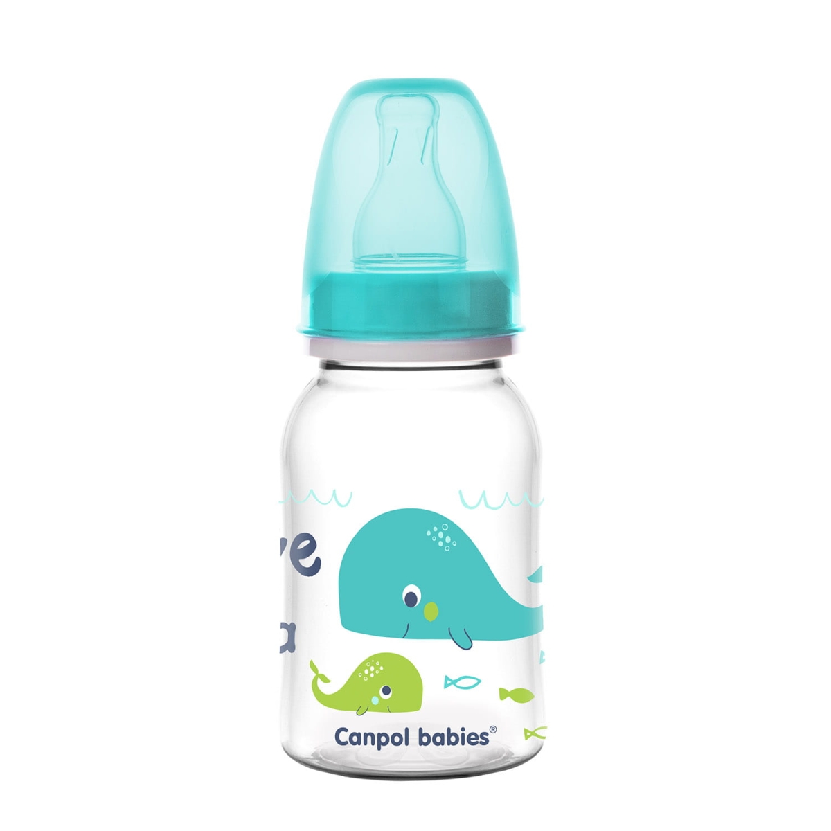 Butelka Canpol babies LOVE & SEA z turkusową nakrętką i grafiką wielorybów.
