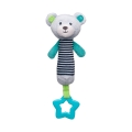 Miękka zabawka Canpol babies BEARS z piszczkiem i gryzakiem, w kształcie szarego misia w pasiastym ubranku, z turkusowymi łapkami i gwiazdkowym gryzakiem dla niemowląt 0+.