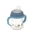 Przezroczysty niebieski kubek niekapek Canpol babies FirstCup 150ml z silikonowym ustnikiem i uchwytami, ozdobiony grafiką zwierzątek.
