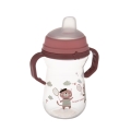 Przezroczysty kubek niekapek Canpol Babies FirstCup Bonjour Paris 250 ml w kolorze różowym, z miękkim silikonowym ustnikiem, uchwytami oraz grafiką kotka z rakietą tenisową.