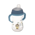 Przezroczysty kubek niekapek Canpol Babies FirstCup Bonjour Paris 250 ml w kolorze niebieskim z silikonowym ustnikiem i dwoma uchwytami, ozdobiony grafiką misia z rakietą tenisową.