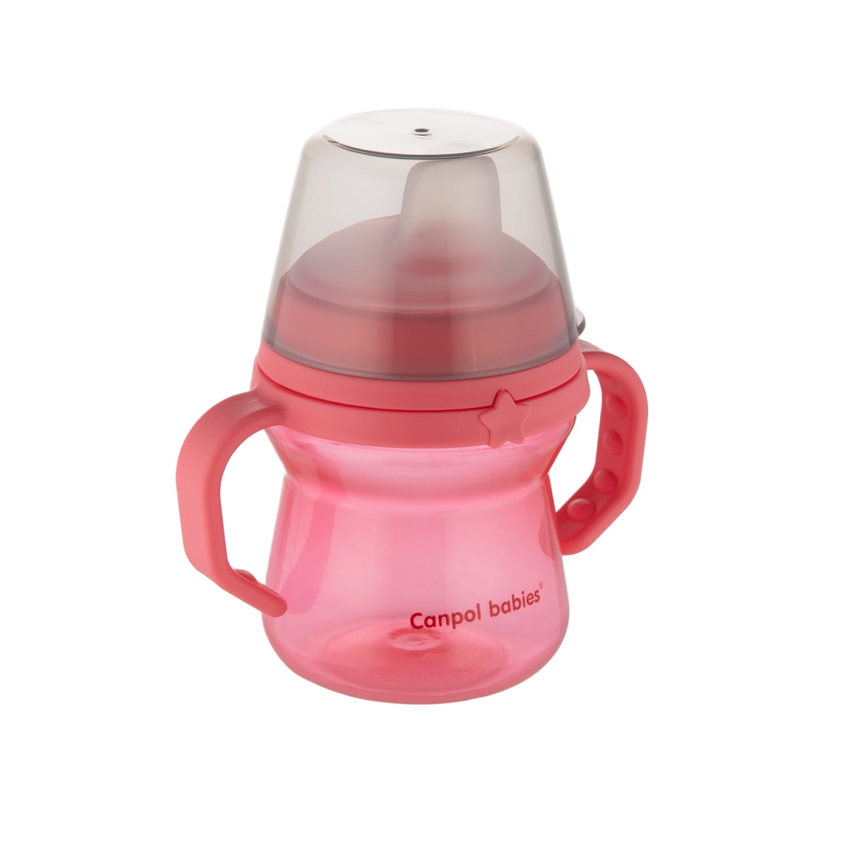 Różowy kubek niekapek Canpol babies FirstCup 150 ml z przezroczystą pokrywką i silikonowym ustnikiem.