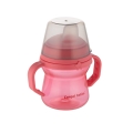 Różowy kubek niekapek Canpol babies FirstCup 150 ml z przezroczystą pokrywką i silikonowym ustnikiem.