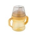 Żółty kubek niekapek Canpol babies FirstCup 150 ml z silikonowym ustnikiem i przezroczystą pokrywką ochronną.