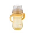 Żółty kubek Canpol babies FirstCup 250 ml z silikonowym ustnikiem i przezroczystą pokrywką zabezpieczającą, idealny dla niemowląt 6m+.