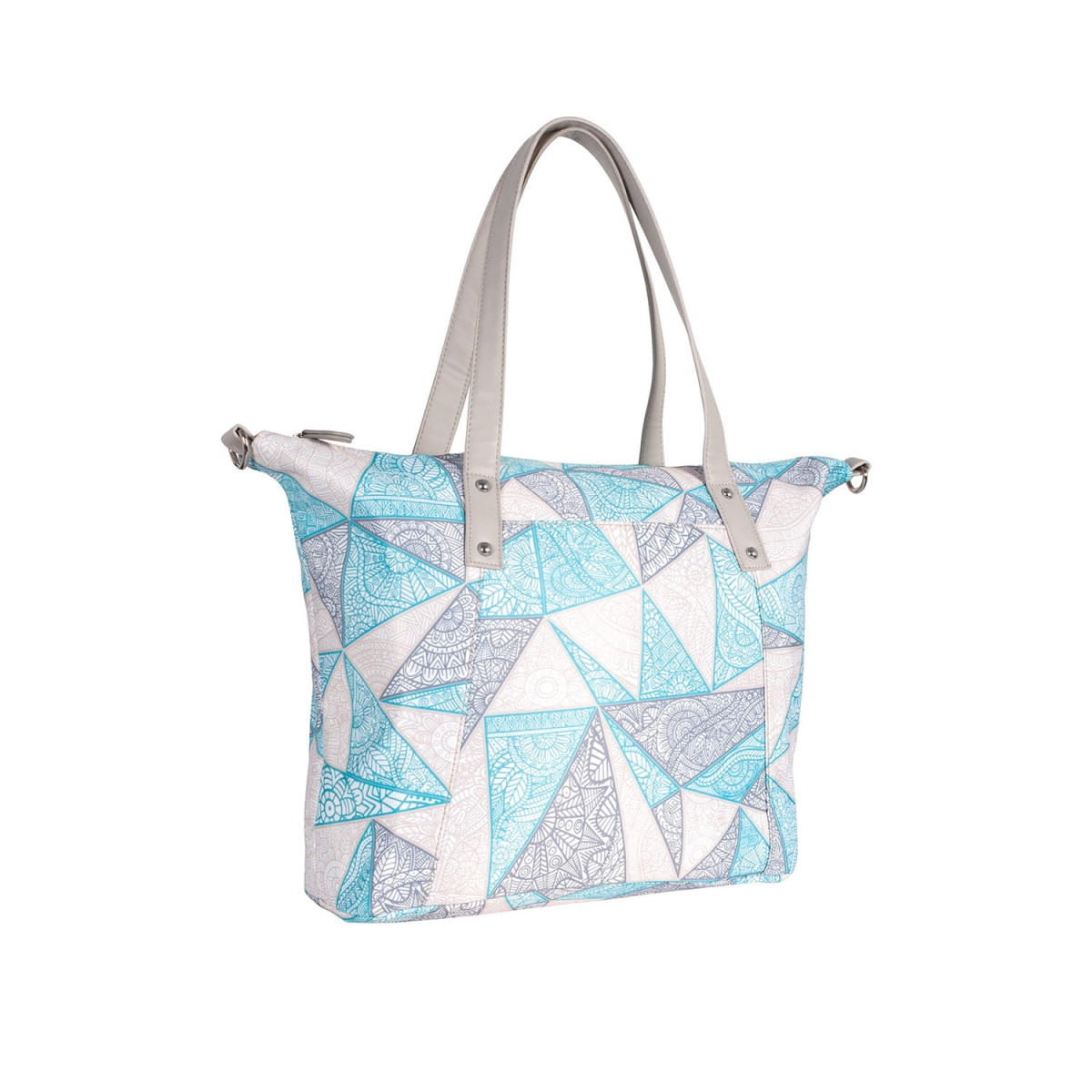 Torba Canpol babies Lady Mum beżowo-turkusowa – elegancka i funkcjonalna torba dla mamy z wygodnymi uchwytami i możliwością przypięcia do wózka.