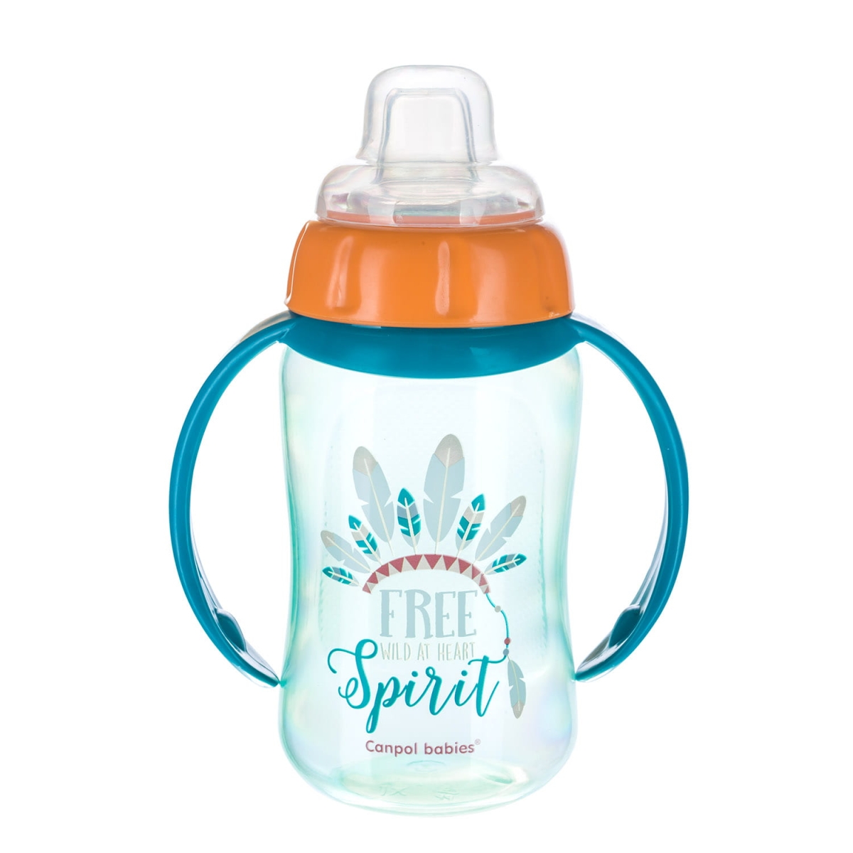 Kubek treningowy Canpol babies Free Spirit 320ml w kolorze turkusowym z pomarańczową pokrywką, ozdobiony motywem piórek i silikonowym ustnikiem – dla dzieci uczących się samodzielnego picia.