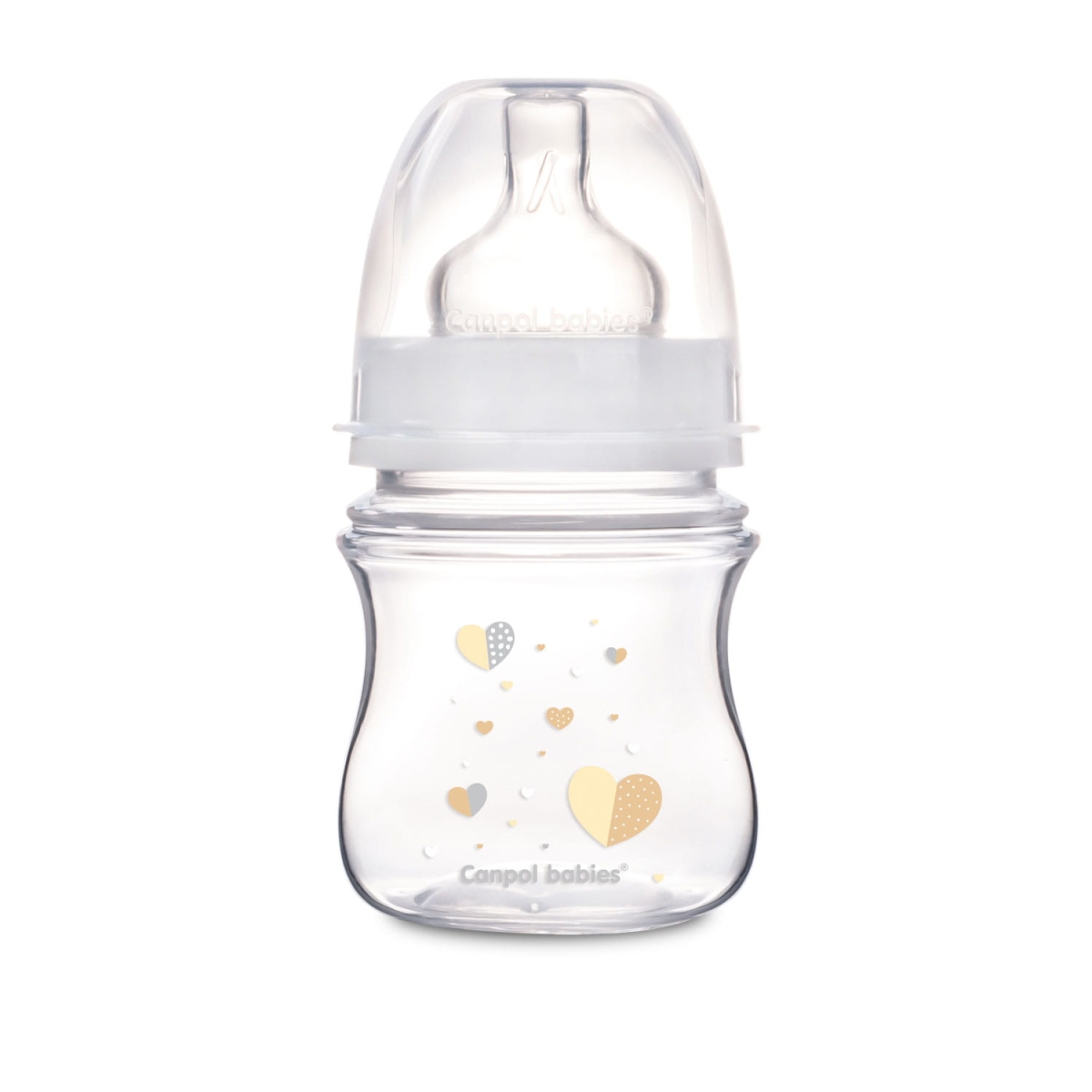 Butelka Canpol Babies 120ml z przezroczystym smoczkiem 0m+, wykonana z polipropylenu wolnego od BPA, z nadrukiem serc w pastelowych kolorach. Idealna do karmienia niemowląt.