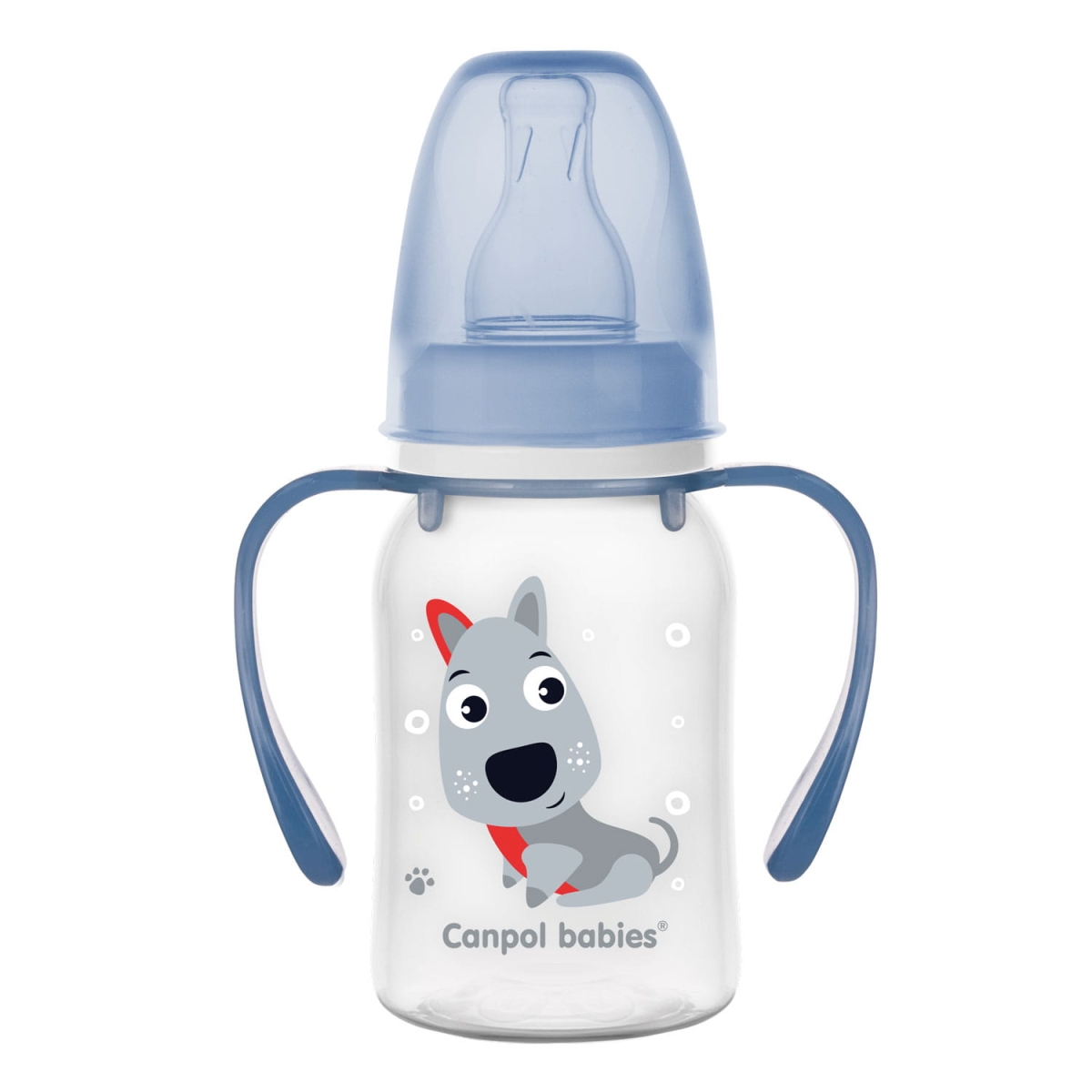 Butelka dla niemowląt Canpol babies CUTE ANIMALS z niebieskim pieskiem i uchwytem, 120 ml.