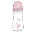 Butelka Canpol babies EasyStart 240 ml z różową zatyczką i nadrukiem delikatnych kwiatów w odcieniach różu i żółci.
