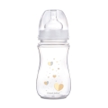 Przezroczysta butelka Canpol babies EasyStart 240 ml z motywem żółtych i szarych serduszek, silikonowym smoczkiem i przezroczystą zatyczką.