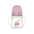 Butelka antykolkowa Canpol babies EasyStart 120 ml z różową nakrętką i świecącymi uchwytami, motyw koali w pastelowych barwach.