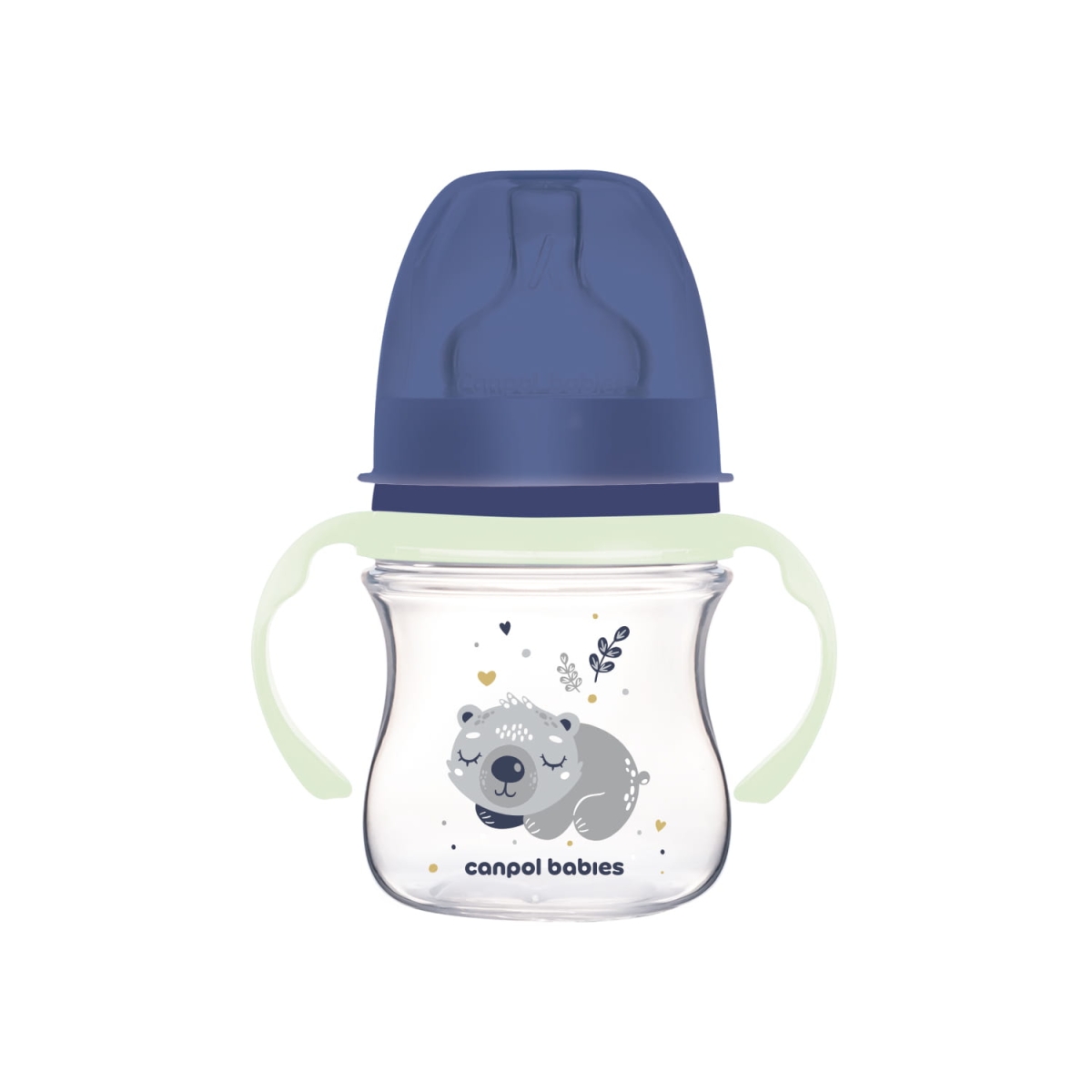 Butelka antykolkowa Canpol babies EasyStart 120 ml z granatową nakrętką i motywem misia, z uchwytami do nauki samodzielnego picia.