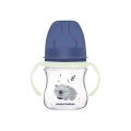 Butelka antykolkowa Canpol babies EasyStart 120 ml z granatową nakrętką i motywem misia, z uchwytami do nauki samodzielnego picia.